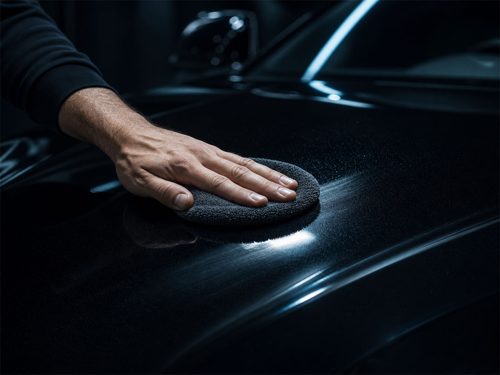 Hand poliert dunklen Hochglanzlack von Hand mit Polierpad, cyanfarbener Lichtakzent
